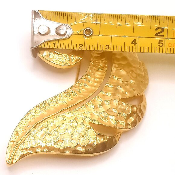 Vintage Brooch Hammered Curled Leaf Feather Design Gold Plated Metal Pin 3" - Picture 9 of 10